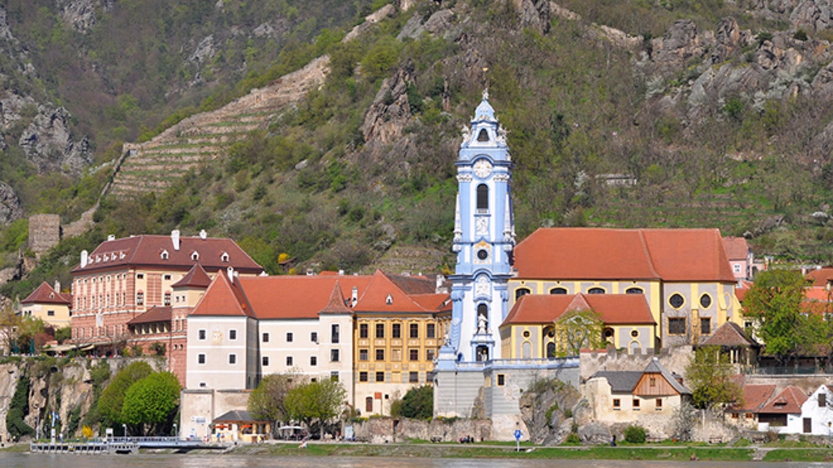 famous blue tower in collegiate church of Durnstein