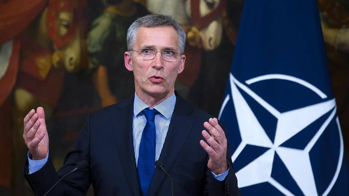 NATO Secretary General, Jens Stoltenberg talks to journalists during his meeting with Italian Premier Paolo Gentiloni at the premier's office Chigi Palace in Rome, Thursday, April 27, 2017. (Agelo Carconi/ANSA via AP}
