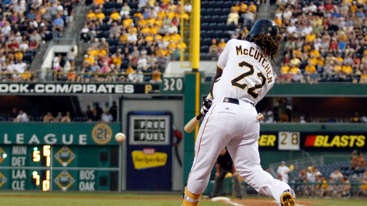 PITTSBURGH, PA - JULY 2: Andrew McCutchen #22 of the Pittsburgh Pirates hits an RBI double in the fifth inning against the Houston Astros during the game on July 2, 2012 at PNC Park in Pittsburgh, Pennsylvania. (Photo by Justin K. Aller/Getty Images)
