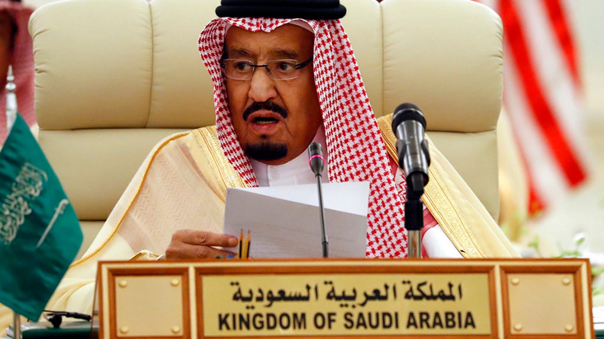 FILE - In this Sunday, Oct. 22, 2017 file photo, Saudi King Salman speaks during a meeting of the Saudi-Iraqi Bilateral Coordination Council with Secretary of State Rex Tillerson and Iraqi Prime Minister Haider al-Abadi, in Riyadh, Saudi Arabia. President Donald Trump says he has received assurances from King Salman of Saudi Arabia that the kingdom will increase oil production, 