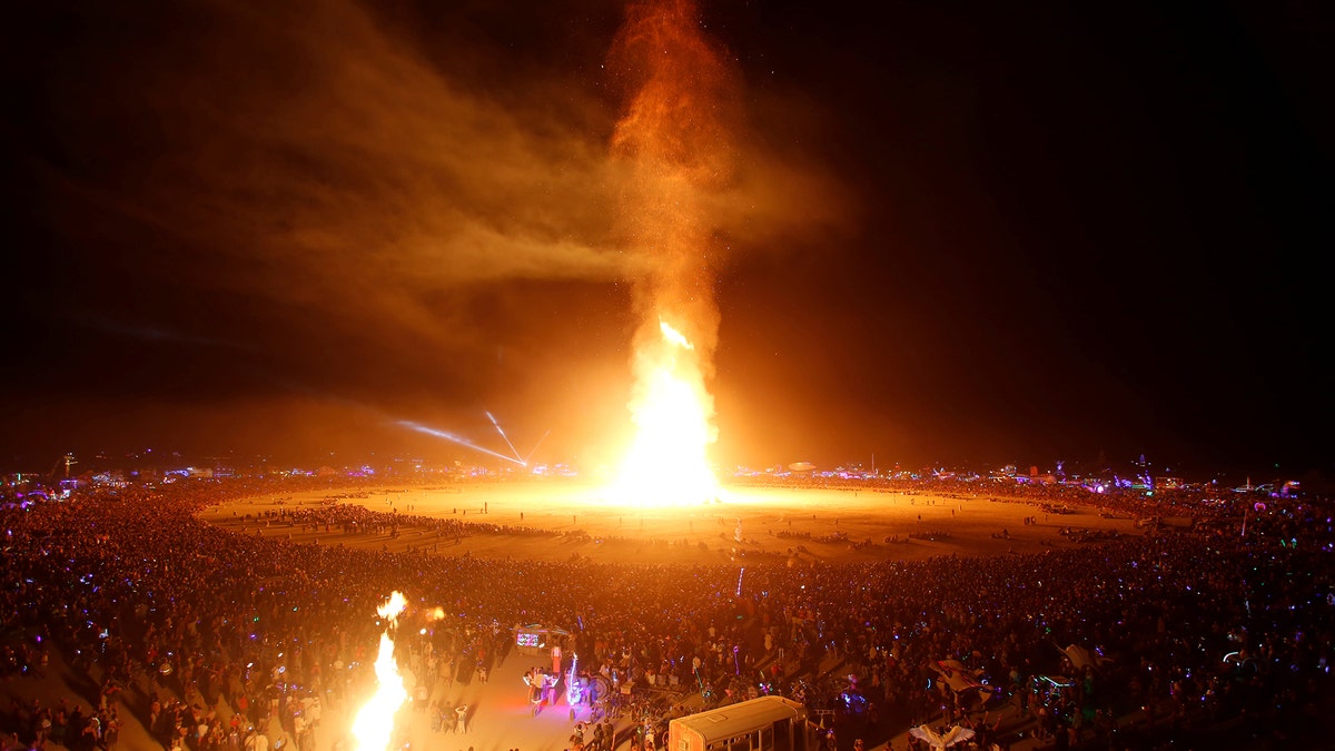 The Man is engulfed in flames as approximately 70,000 people from all over the world gathered for the annual Burning Man arts and music festival in the Black Rock Desert of Nevada, U.S. September 2, 2017. REUTERS/Jim Urquhart FOR USE WITH BURNING MAN RELATED REPORTING ONLY. FOR EDITORIAL USE ONLY. NOT FOR SALE FOR MARKETING OR ADVERTISING CAMPAIGNS. NO THIRD PARTY SALES. NOT FOR USE BY REUTERS THIRD PARTY DISTRIBUTORS. - RC173E03F8C0