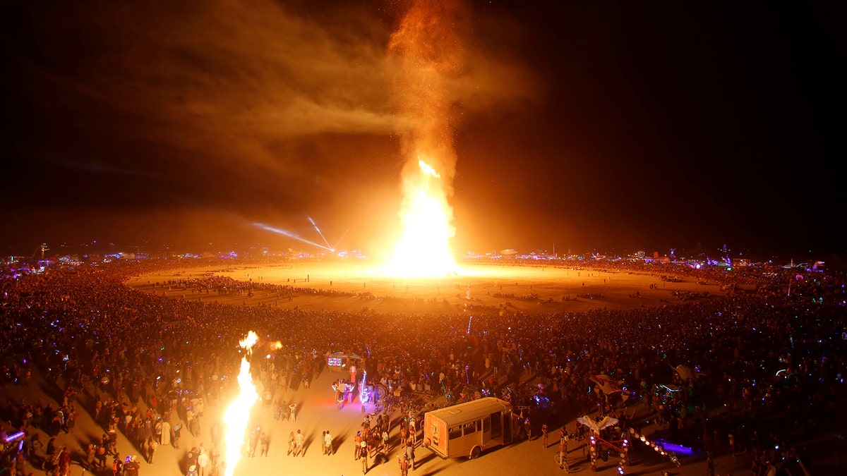 The Man is engulfed in flames as approximately 70,000 people from all over the world gathered for the annual Burning Man arts and music festival in the Black Rock Desert of Nevada, U.S. September 2, 2017. REUTERS/Jim Urquhart FOR USE WITH BURNING MAN RELATED REPORTING ONLY. FOR EDITORIAL USE ONLY. NOT FOR SALE FOR MARKETING OR ADVERTISING CAMPAIGNS. NO THIRD PARTY SALES. NOT FOR USE BY REUTERS THIRD PARTY DISTRIBUTORS. - RC173E03F8C0