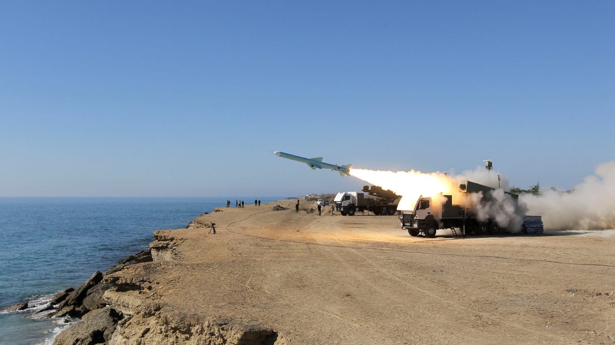 A Ghader missile is launched from the area near the Iranian port of Jask port on the shore of the Gulf of Oman during an Iranian navy drill, Tuesday, Jan. 1, 2013. Iran says it has tested advanced anti-ship missiles in the final day of a naval drill near the strategic Strait of Hormuz, the passageway for one-fifth of the world's oil supply. State TV says 