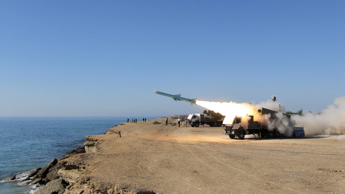 A Ghader missile is launched from the area near the Iranian port of Jask port on the shore of the Gulf of Oman during an Iranian navy drill, Tuesday, Jan. 1, 2013. Iran says it has tested advanced anti-ship missiles in the final day of a naval drill near the strategic Strait of Hormuz, the passageway for one-fifth of the world's oil supply. State TV says 