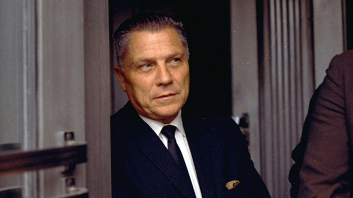 FILE - In this Aug. 21, 1969 file photo, Teamsters Union leader James Hoffa is shown in Chattanooga, Tenn. The FBI has seen enough merit in a reputed Mafia captain's tip to once again break out the digging equipment to search for the remains of Hoffa, last seen alive before a lunch meeting with two mobsters nearly 40 years ago. Tony Zerilli told his lawyer that Hoffa was buried beneath a concrete slab in a barn in a field in suburban Detroit in 1975. (AP Photo/File)