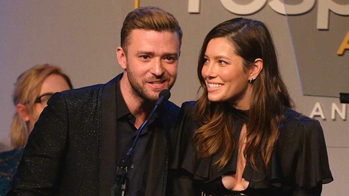 October 23, 2015.  Honorees Justin Timberlake (L) and Jessica Biel accept the Inspiration Award onstage during the 2015 GLSEN Respect Awards at the Beverly Wilshire Four Seasons Hotel in Beverly Hills.