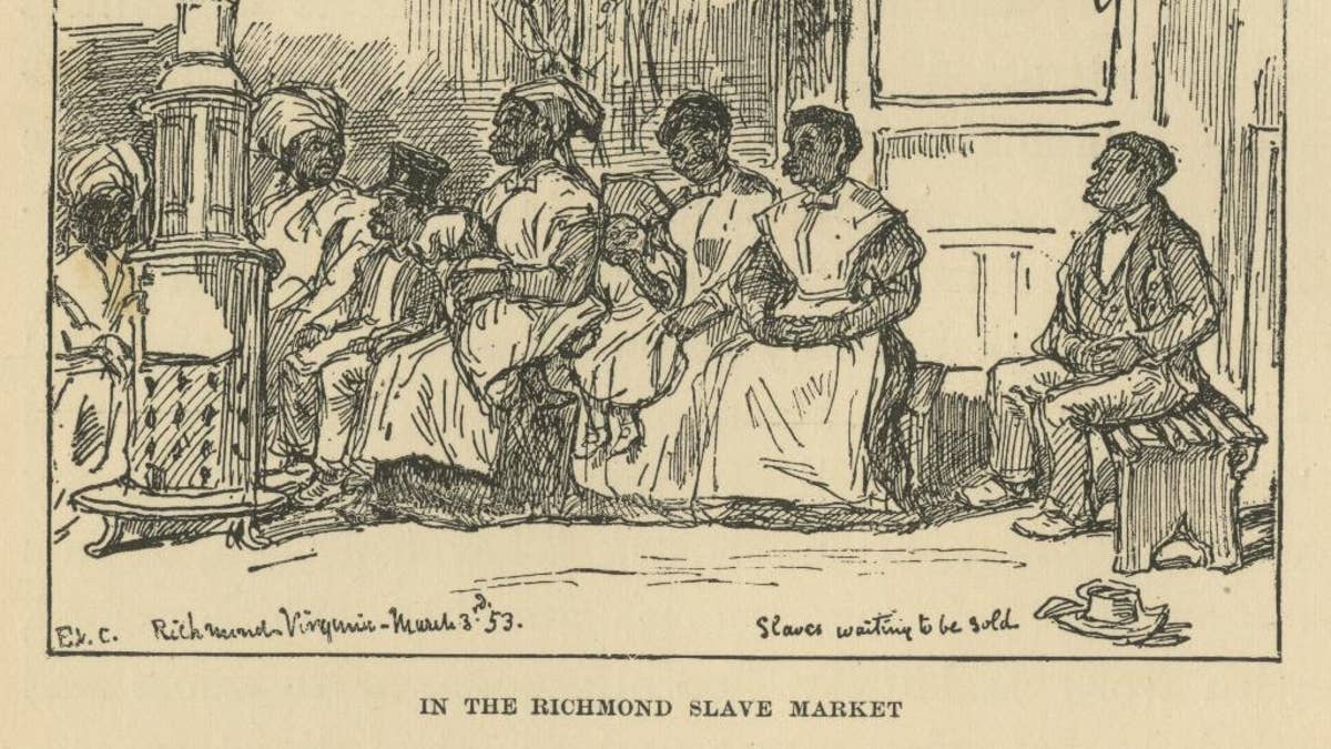 This photo provided by the Library of Virginia shows a depiction of the Richmond slave market by Eyre Crowe, who visited the city’s slave-trading center in 1853.The city was a slave-trading center, second only to New Orleans, in the half-century leading to the Civil War. A proposal to build a minor league baseball stadium in Shockoe Bottom, the city’s oldest neighborhood and the center of the once-thriving slave trade, has drawn criticism from some who believe the area is sacred ground and shouldn’t be bulldozed for a ballpark. The city says it will recover and display artifacts related to the slave trade. (AP Photo/Library of Virginia)