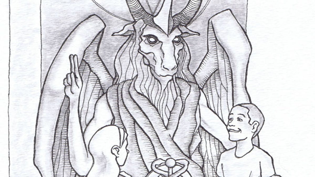 This artist's rendering provided by the Satanic Temple shows a proposed monument that the New York-based Satanic group wants to place at the Oklahoma state Capitol. The statue features a bearded, goat-headed demon sitting in a pentagram-adorned throne with children next to it. (AP Photo/Satanic Temple)