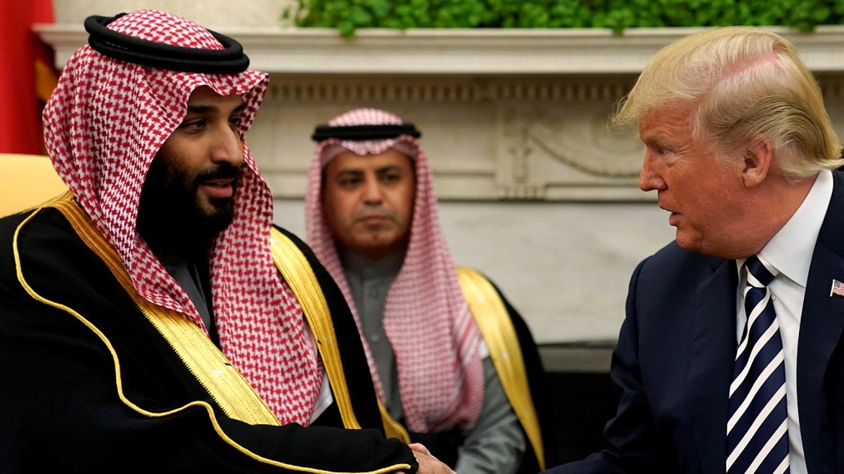 FILE PHOTO: U.S. President Donald Trump shakes hands with Saudi Arabia's Crown Prince Mohammed bin Salman in the Oval Office at the White House in Washington, U.S. March 20, 2018.  REUTERS/Jonathan Ernst/File Photo - RC15FBCC8C60
