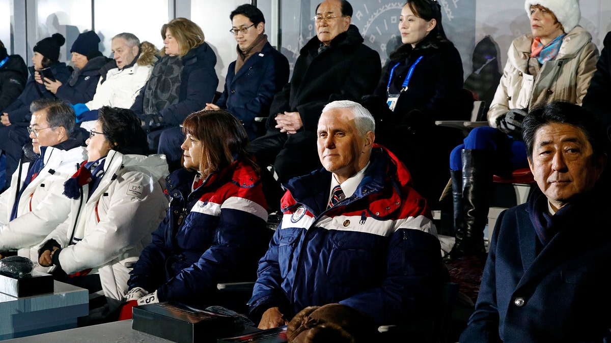 Vice President Mike Pence, second from bottom right, sits between second lady Karen Pence, third from from bottom left, and Japanese Prime Minister Shinzo Abe at the opening ceremony of the 2018 Winter Olympics in Pyeongchang, South Korea, Friday, Feb. 9, 2018. Seated behind Pence are Kim Yong Nam, third from top right, president of the Presidium of North Korean Parliament, and Kim Yo Jong, second from top right, sister of North Korean leader Kim Jong Un. (AP Photo/Patrick Semansky, Pool)