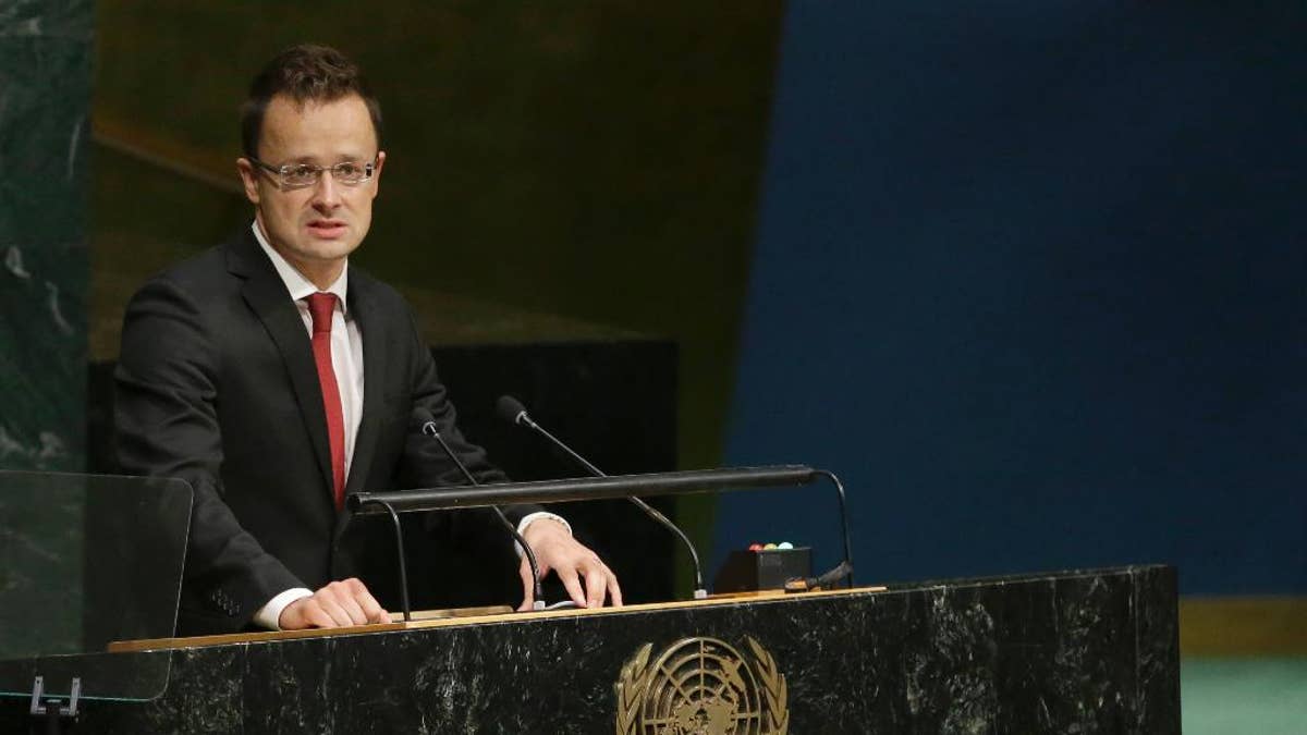 Hungary's Foreign Minister Peter Szijjarto addresses the 70th session of the United Nations General Assembly, Saturday, Oct. 3, 2015 at U.N. Headquarters. (AP Photo/Mary Altaffer)