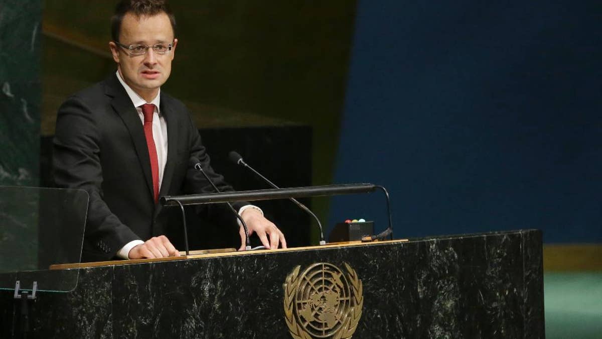 Hungary's Foreign Minister Peter Szijjarto addresses the 70th session of the United Nations General Assembly, Saturday, Oct. 3, 2015 at U.N. Headquarters. (AP Photo/Mary Altaffer)