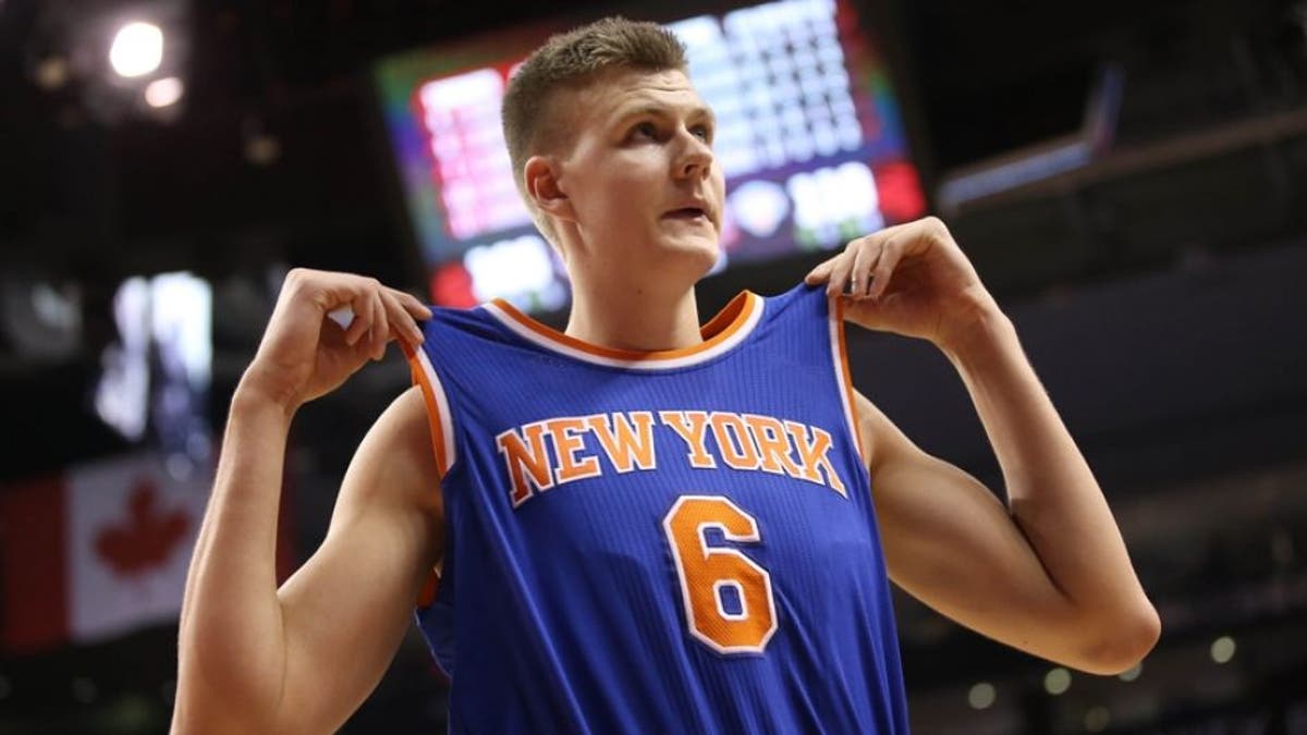 Nov 10, 2015; Toronto, Ontario, CAN; New York Knicks forward Kristaps Porzingis (6) during their game against the Toronto Raptors at Air Canada Centre. The Knicks beat the Raptors 111-109. Mandatory Credit: Tom Szczerbowski-USA TODAY Sports