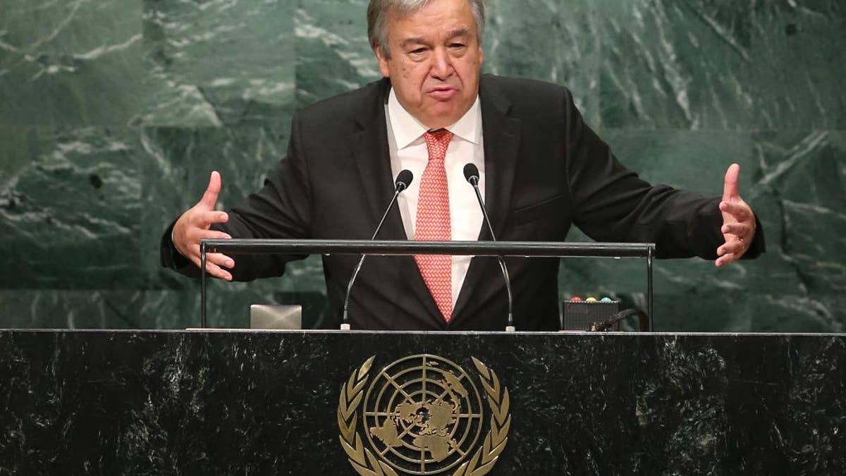 FILE - In this Oct. 13, 2016 file photo, Antonio Guterres of Portugal, Secretary-General designate of the United Nations, speaks during his appointment at U.N. headquarters. Guterres begins a five year term as the organization's Secretary General on Sunday, Jan. 1, 2017. Guterres takes the reins of the United Nations on New Year's Day, promising to be a "bridge-builder" but facing an antagonistic incoming U.S. administration led by Donald Trump who thinks the world body's 193 member states do nothing except talk and have a good time. (AP Photo/Seth Wenig, File)
