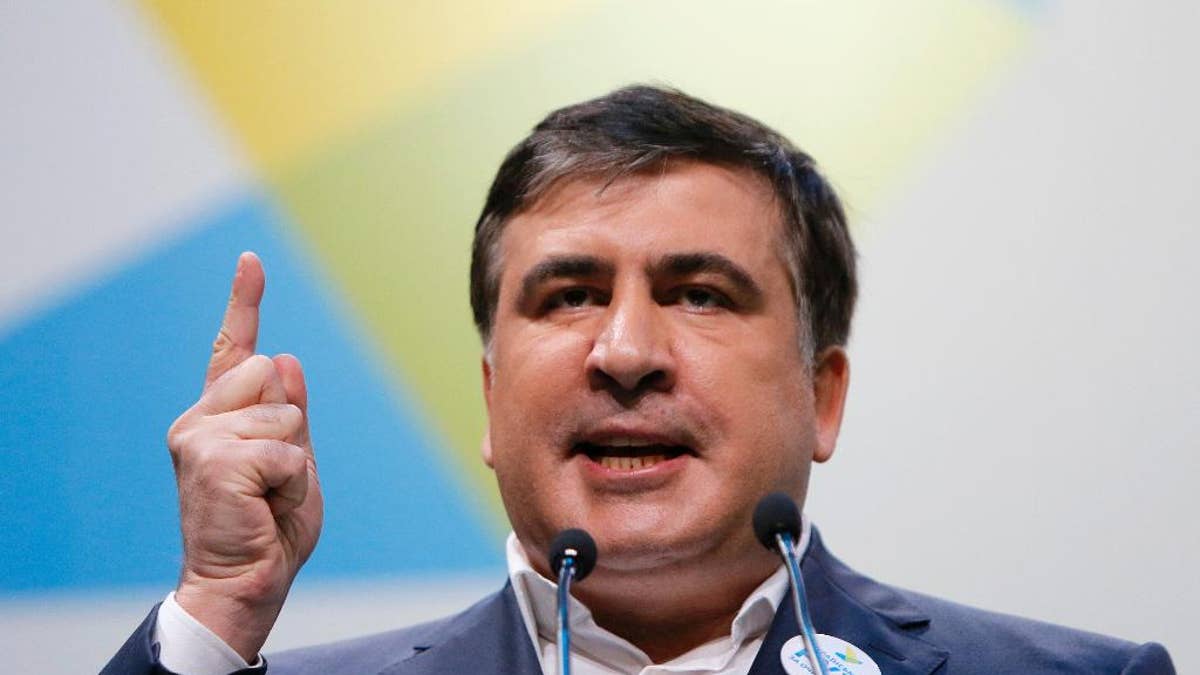 FILE - In this Wednesday, Dec. 23, 2015 file photo, governor of Odessa region in Ukraine, Mikhail Saakashvili speaks during the anti-corruption forum in Kiev, Ukraine. Ukrainian news agencies are reporting that Mikhail Saakashvili, the onetime Georgian president who became governor of Ukraine's Odessa region, is resigning. Saakashvili was appointed governor of Odessa in May 2015. (AP Photo/Sergei Chuzavkov, File)