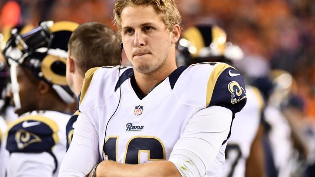 Aug 27, 2016; Denver, CO, USA; Los Angeles Rams quarterback Jared Goff (16) on his sidelines during the second half of a preseason game against the Denver Broncos at Sports Authority Field at Mile High. The Broncos defeated the Rams 17-9. Mandatory Credit: Ron Chenoy-USA TODAY Sports