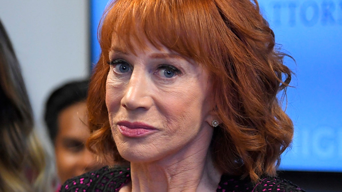 Comedian Kathy Griffin, right, speaks along with her attorney Lisa Bloom during a news conference, Friday, June 2, 2017, in Los Angeles, to discuss the backlash since Griffin released a photo and video of her displaying a likeness of President Donald Trump's severed head. (AP Photo/Mark J. Terrill)