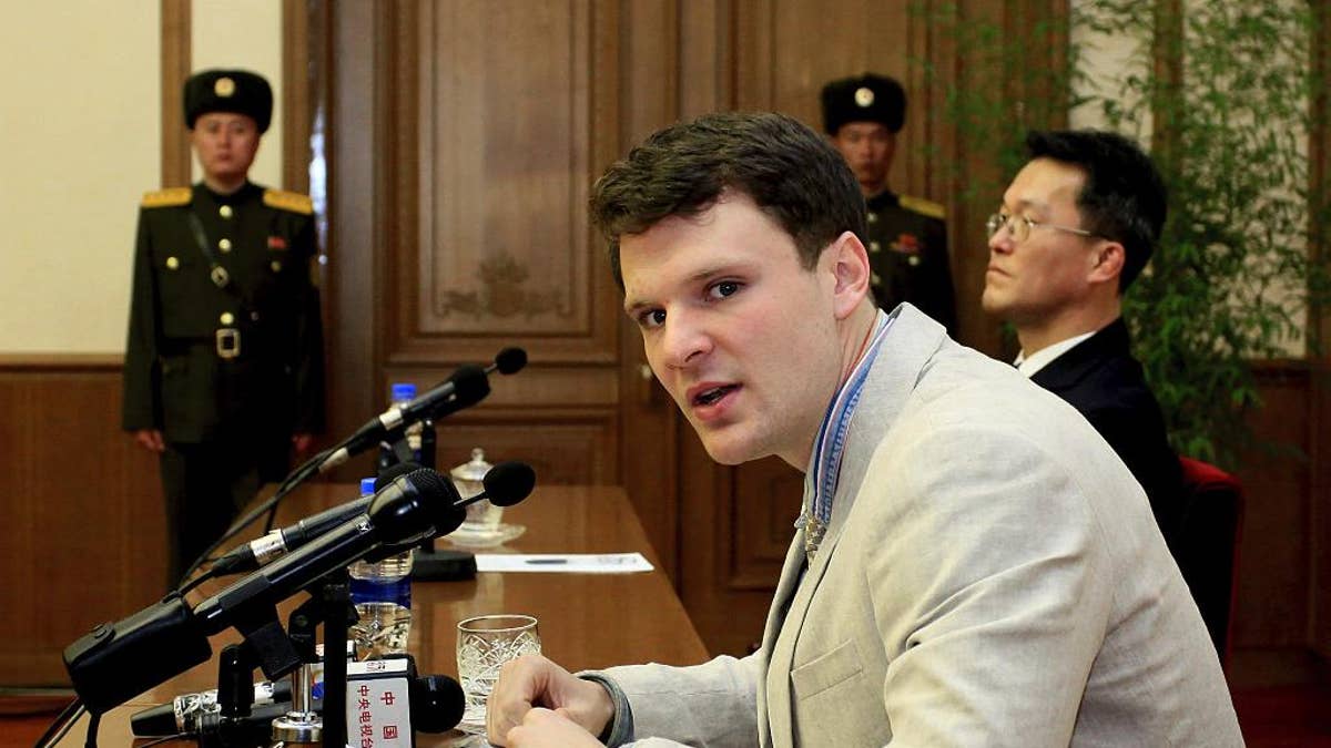 FILE – In this Feb. 29, 2016, file photo, American student Otto Warmbier speaks as Warmbier is presented to reporters in Pyongyang, North Korea. North Korea announced Warmbier's detention Jan. 22, 2016, and the University of Virginia student from suburban Cincinnati was sentenced in March 2016 to 15 years in prison at hard labor after a televised confession that he tried to steal a propaganda banner. As President Donald Trump's administration takes office one year later, there's been little public word about what has happened to Warmbier. (AP Photo/Kim Kwang Hyon, File)