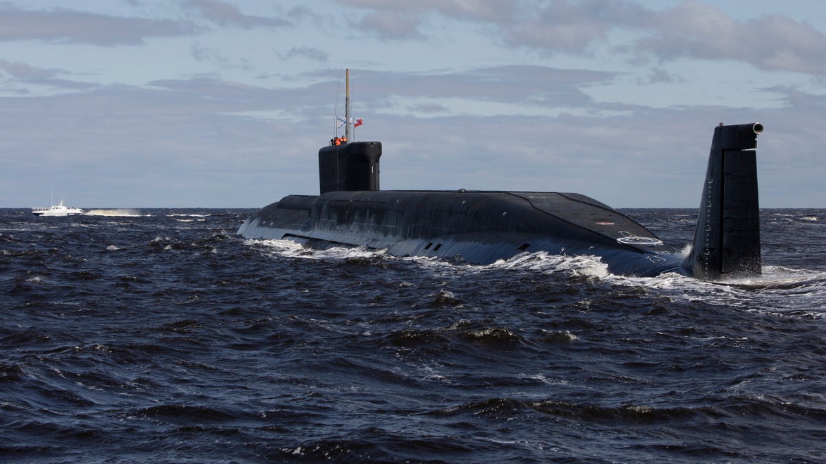 Russian submarine sails on the surface