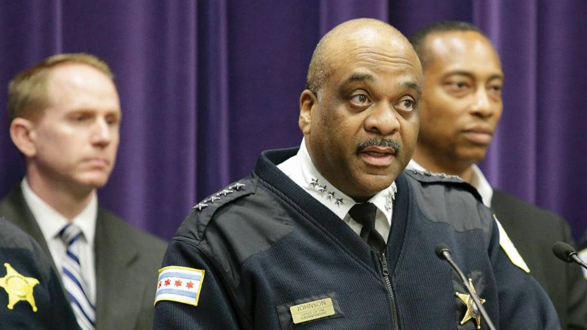 Chicago Police Department Superintendent Eddie Johnson speaks during a news conference Wednesday, April 5, 2017, in Chicago. Police announced that Maurice Harris has been charged with four counts of first-degree murder in the fatal shootings of four men at or near a Chicago restaurant, on March 30, 2017. Harris who is charged in the likely gang-related killings of the four men on Chicago's South Side had lost his father in another shooting a day earlier in the same neighborhood. (AP Photo/Teresa Crawford)