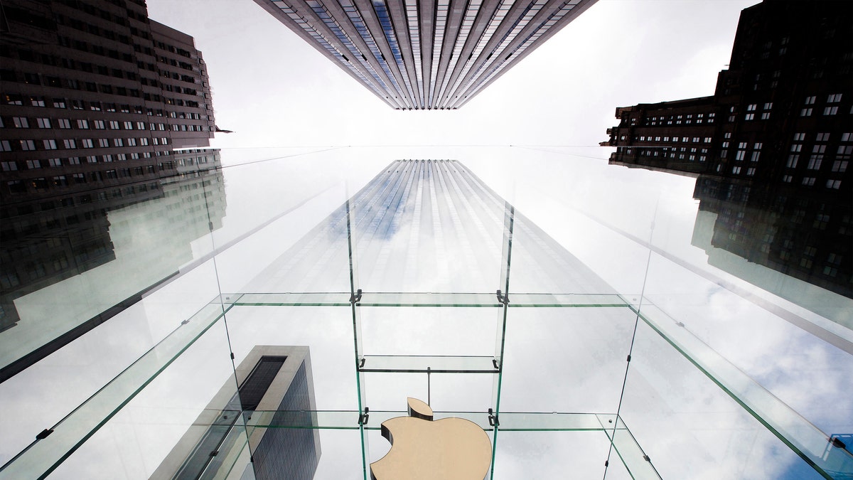File photo - The Apple logo hangs in a glass enclosure above the 5th Ave Apple Store in New York, Sept. 20, 2012.  