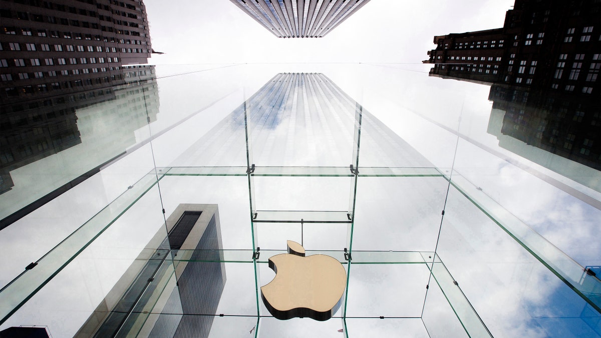 File photo - The Apple logo hangs in a glass enclosure above the 5th Ave Apple Store in New York, Sept. 20, 2012.  