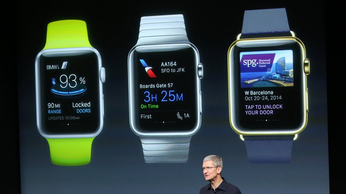 Apple CEO Tim Cook stands in front of a screen displaying apps available for the Apple Watch at a presentation at Apple headquarters in Cupertino, California October 16, 2014. 