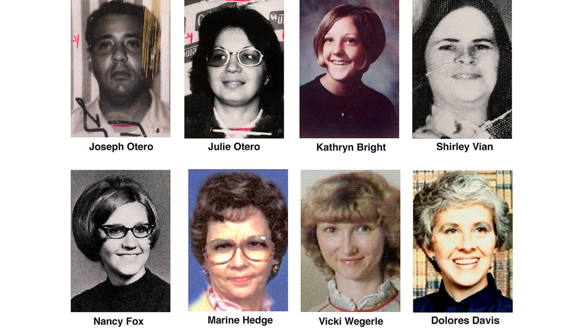 ** CORRECTS SPELLING TO DOLORES, INSTEAD OF DELORES - FILE ** Eight of the 10 people whose deaths have been linked by authorities to the BTK serial killer are shown in undated file photos. In the top row are, from left, Joseph Otero and his wife, Julie Otero; Kathryn Bright; and Shirley Vian. In the bottom row are, from left, Nancy Fox, Marine Hedge, Vicki Wegerle and Dolores Davis. Dennis Rader was charged Tuesday, March 1, 2005, with 10 counts of first-degree murder. (AP Photo/The Wichita Eagle, file)