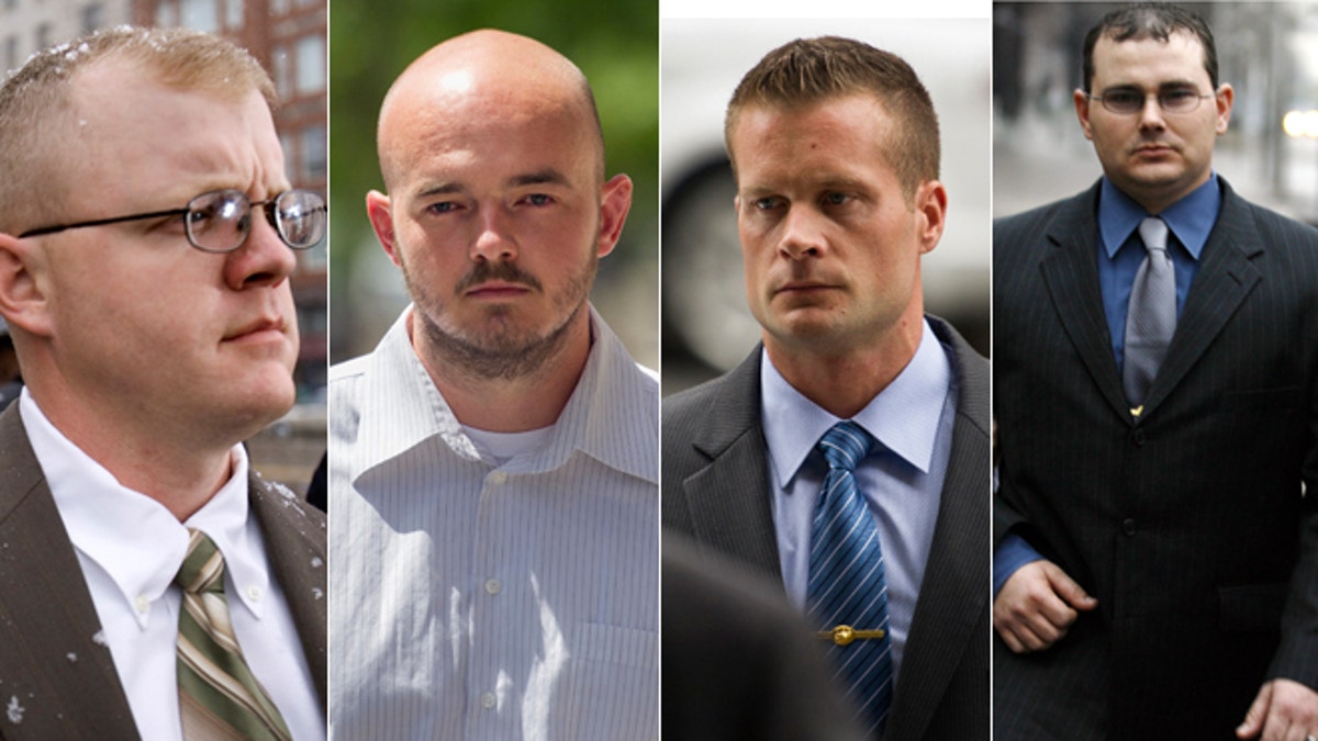 File photos of former Blackwater Worldwide guards Paul Slough (Dec. 8, 2008), Nicholas Slatten (June 11, 2014), Evan Liberty (June 11, 2014) and Dustin Heard (Jan. 6, 2009).