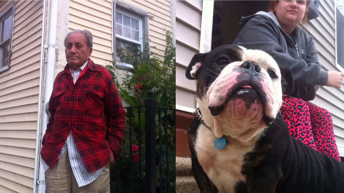 Eugenio Olmo, left, and a dog and his owner in Camden, N.J.