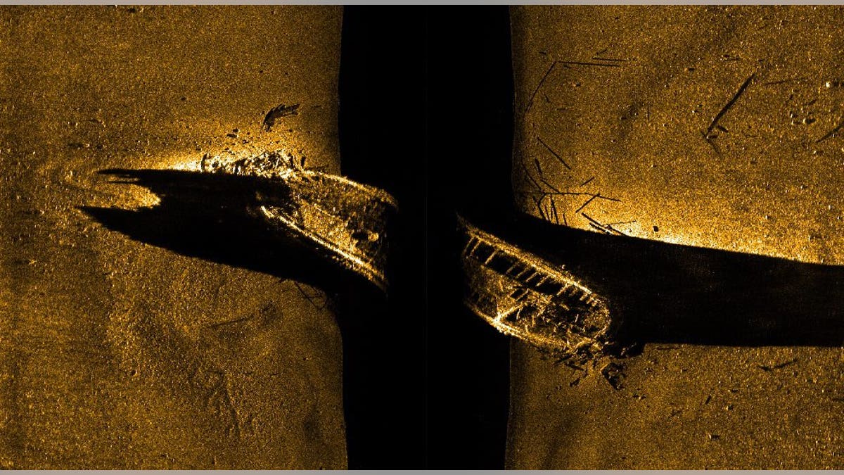 FILE - In this file image released by Parks Canada, shows a side-scan sonar image of a ship on the sea floor in northern Canada. Sir John Franklin was likely sailing on the HMS Erebus vessel when it vanished along with another vessel 170 years ago, Canada's prime minister announced Wednesday, Oct. 1, 2014. (AP Photo/Parks Canada, via The Canadian Press, File)