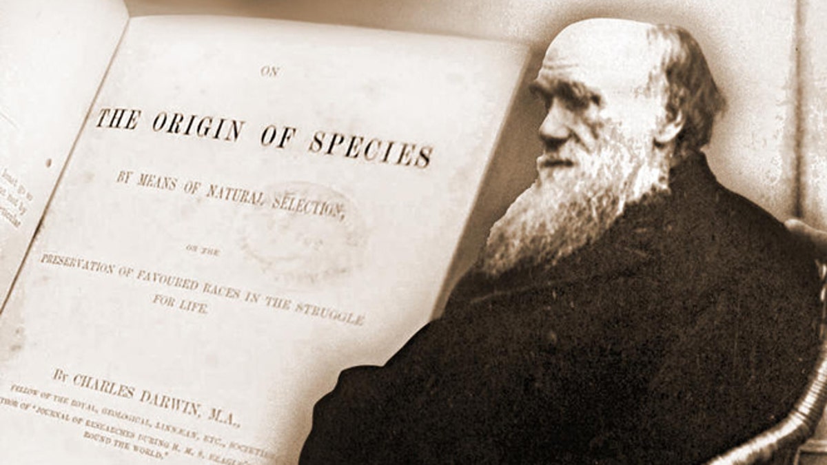 An 1875 photo of Charles Darwin along with his seminal book,