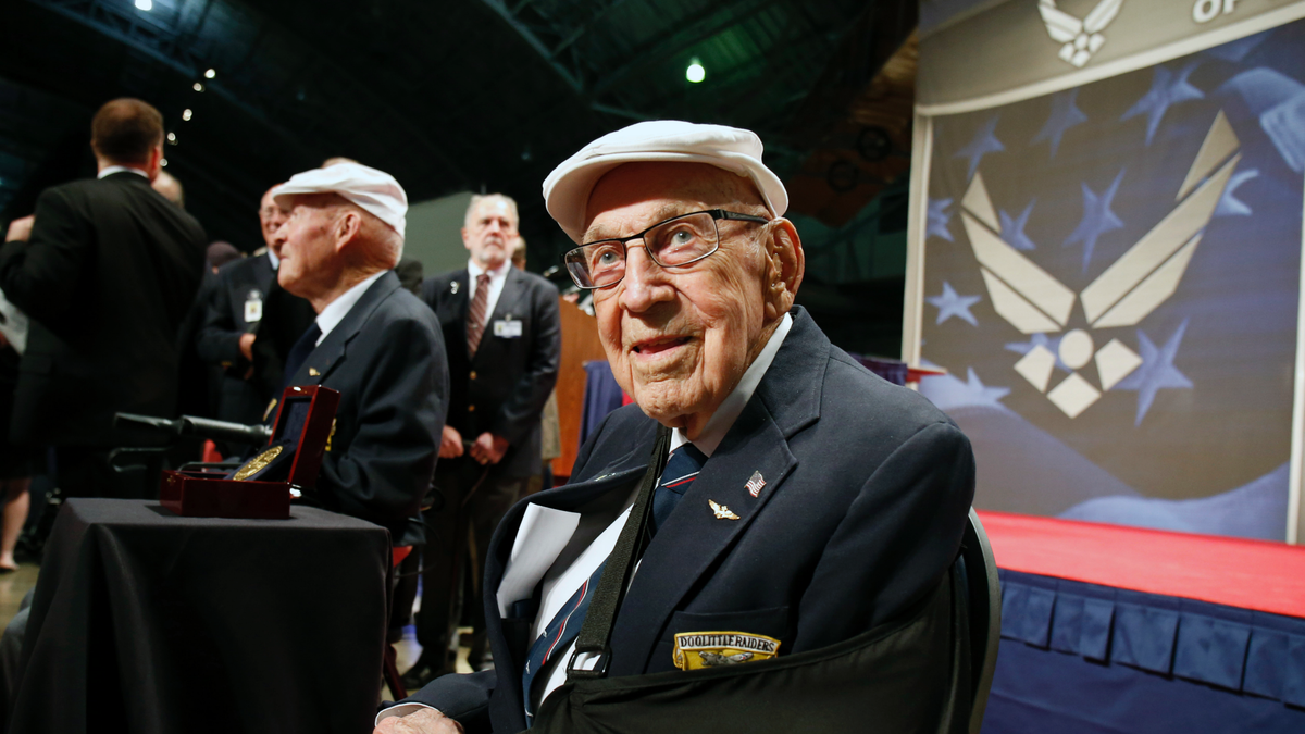Lt. Col. Richard "Dick" Cole, seated front, was presented a Congressional Gold Medal honoring the Doolittle Raiders in April 2015.