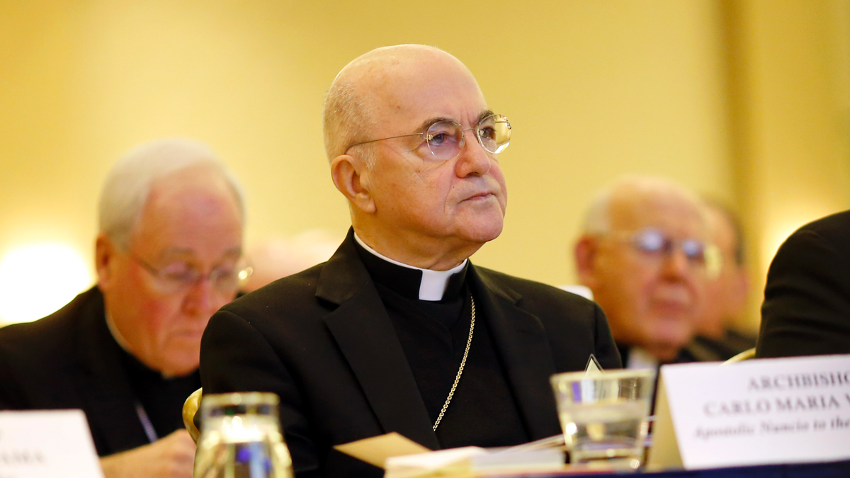 In this Nov. 16, 2015 file photo, Archbishop Carlo Maria Vigano listens to remarks at the U.S. Conference of Catholic Bishops' annual fall meeting in Baltimore.