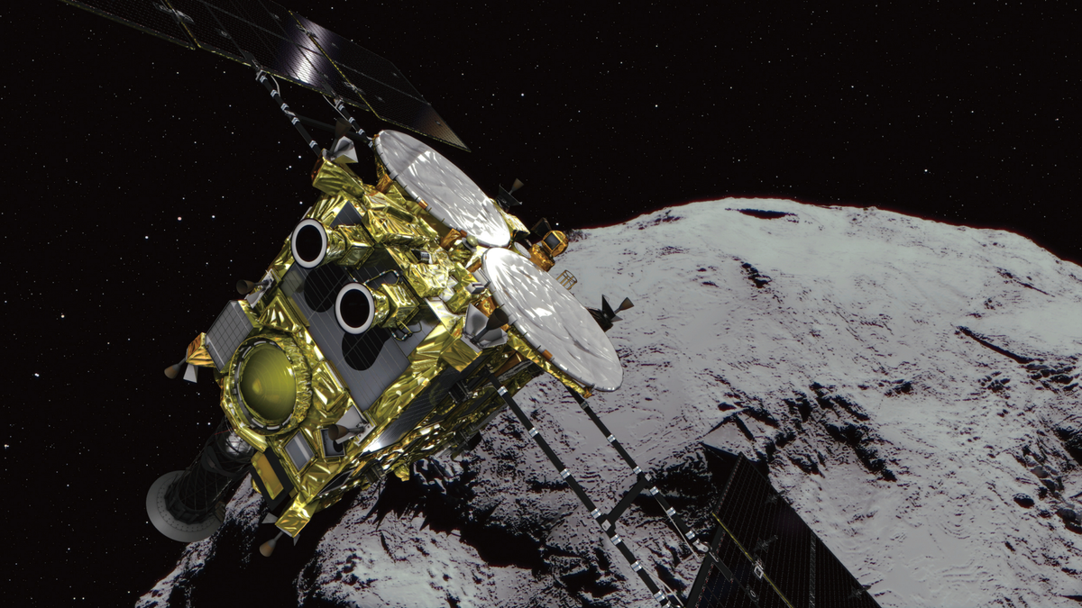This computer graphics image provided by the Japan Aerospace Exploration Agency (JAXA) shows Ryugu and asteroid explorer Hayabusa2.