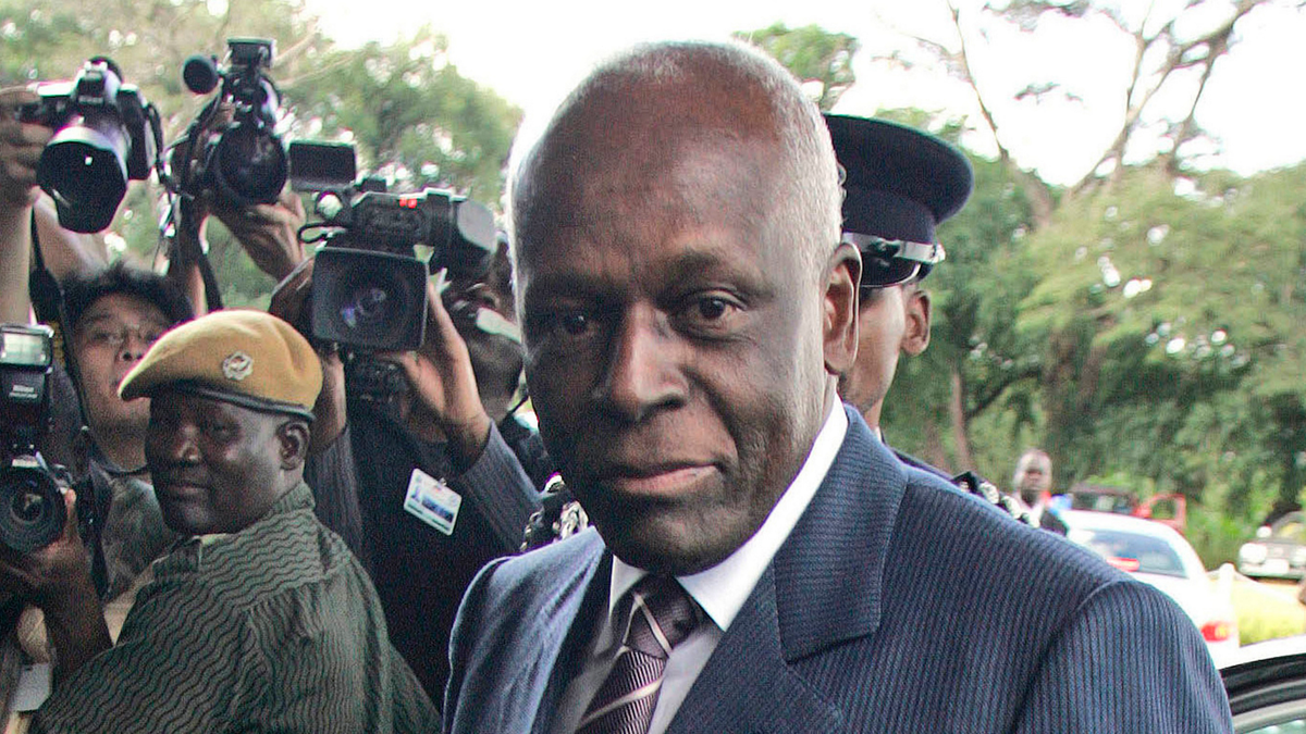 FILE - In this April 12, 2008 file photo, the then Angola President Jose Eduardo dos Santos arrives at the Mulungushi International Conference Center in Lusaka, Zambia. Dos Santos says he made mistakes during his long rule but holds his "head high" as he steps down as leader of the ruling MPLA party. (AP Photo/Themba Hadebe, File)