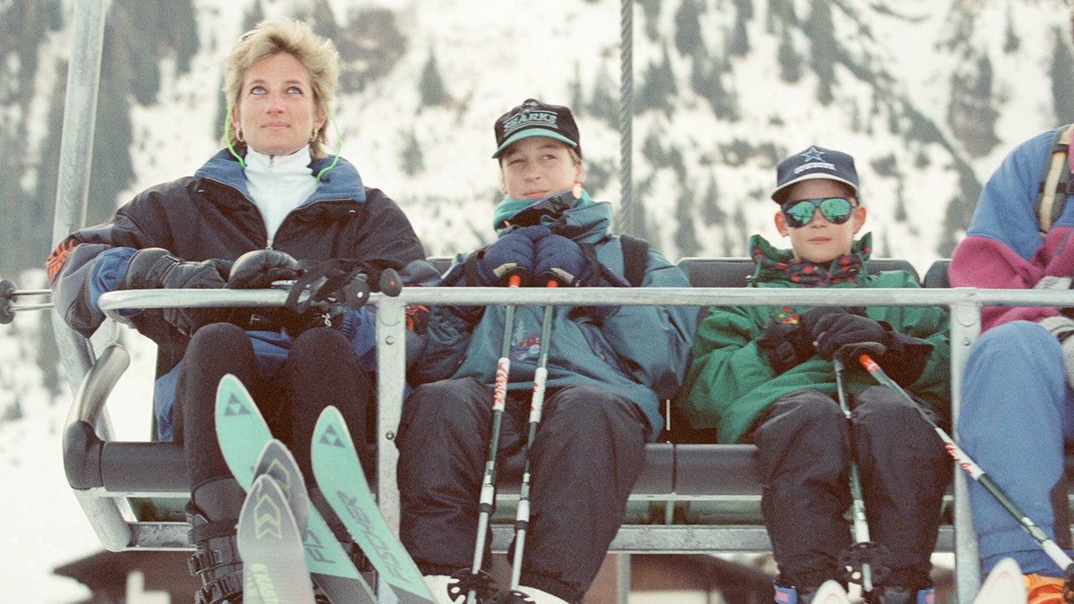 The Princess of Wales, Princess Diana, on he ski holiday to Lech, Austria. The Princess enjoyed her skiing holiday with her sons Prince William and Prince Harry. (pictured with her on the ski lift) Picture taken 25th March 1994. (Photo by Kent Gavin/Mirrorpix/Getty Images)
