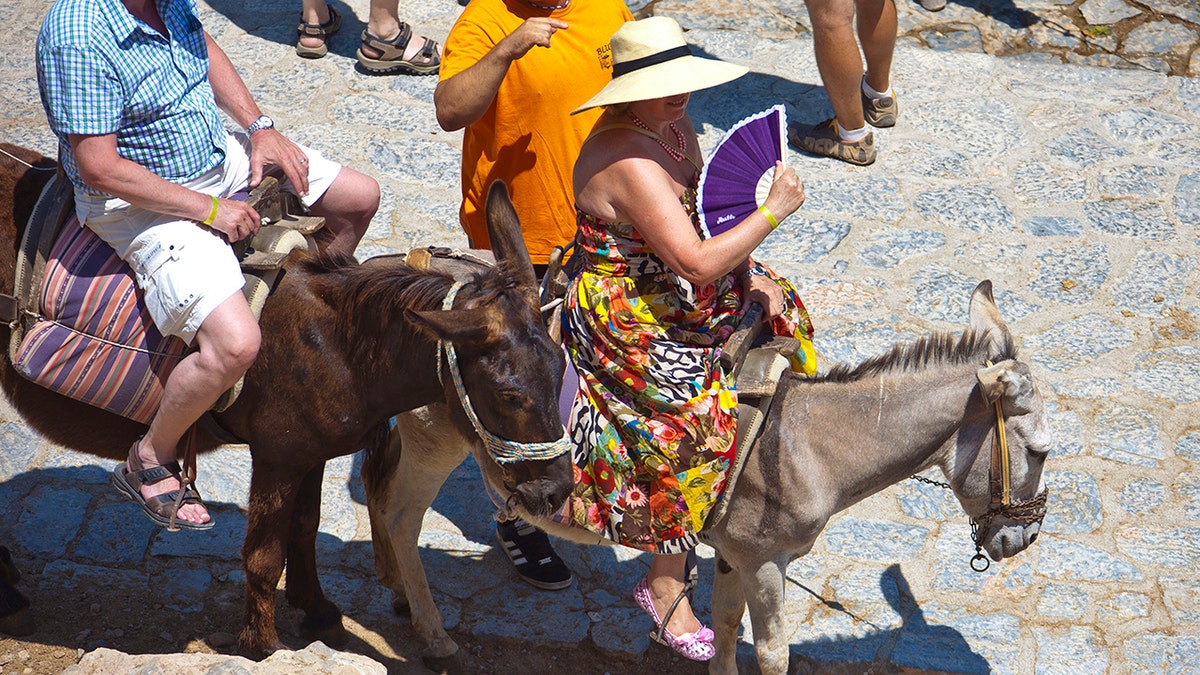 RHODES, GREECE - JUlLY 04: Tourists riding donkeys up to the Acropolis of Lindos on July 04, 2010 in Lindos, Greece. The old town of Lindos is famous for its class listed monuments and the ancient Acropolis, listed at the  Unesco World Heritage. Rhodes is the largest of the Greek Dodecanes Islands. (Photo by EyesWideOpen/Getty Images)