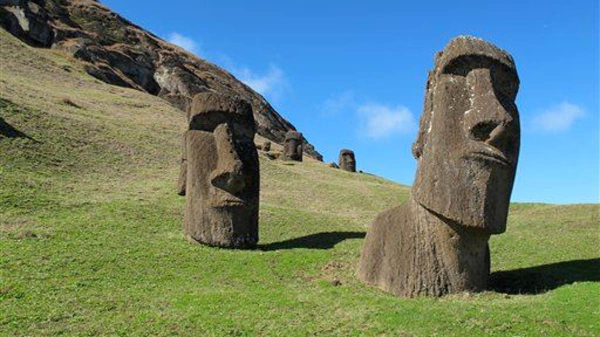 This August 2012 photo shows heads at Rano Raraku, the quarry on Easter Island.
