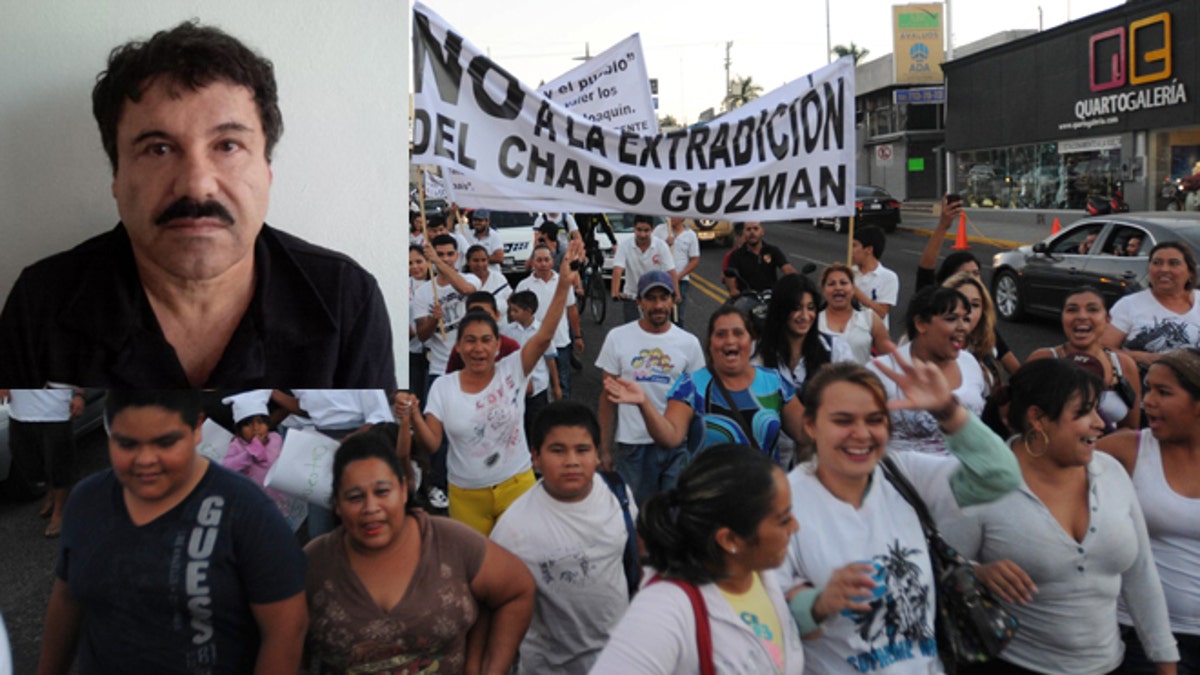 People march in support of jailed drug boss Joaquin Guzman Loera, 