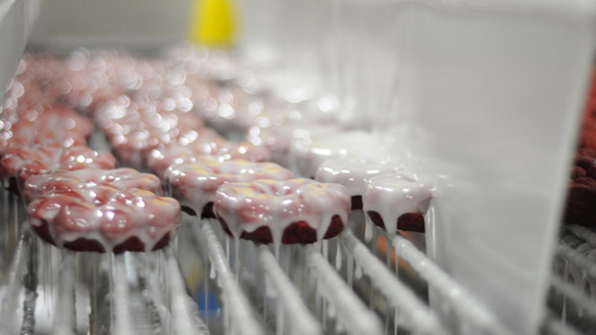 Entenmanns New Red Velvet Donut on Assembly Line