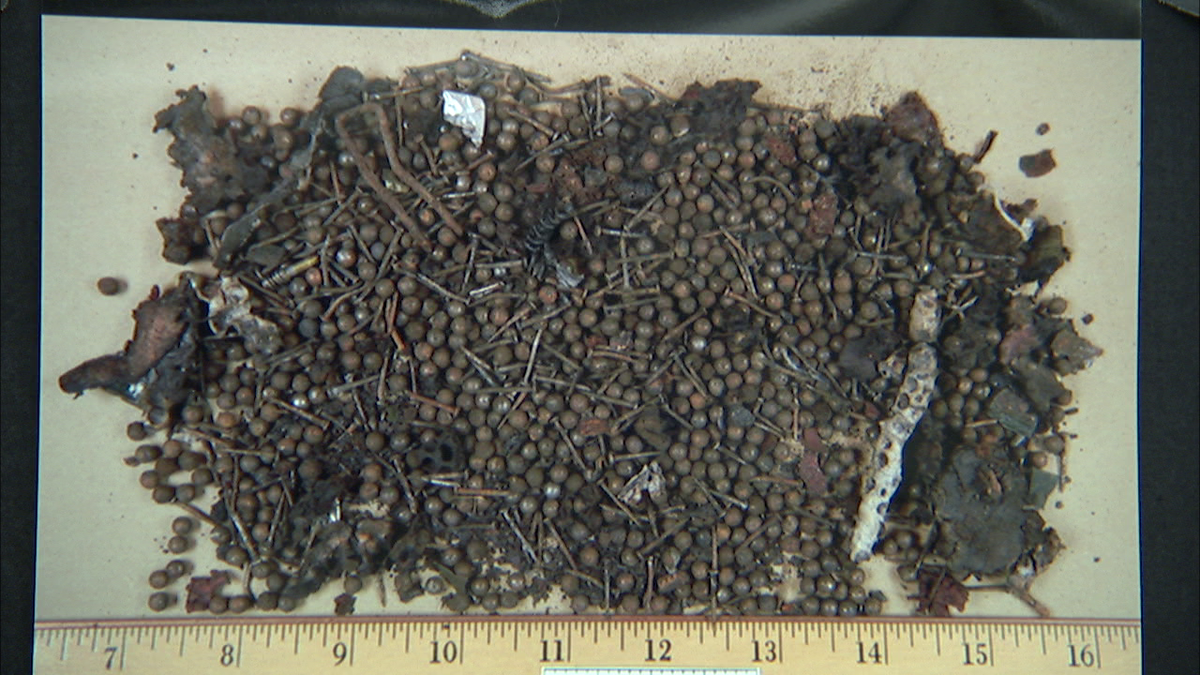 2013 Boston Marathon bomb shrapnel, including BB's and nails, from pressure cooker.