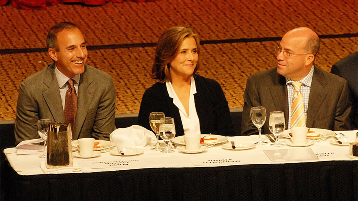 NEW YORK - OCTOBER 24:  Matt Lauer, Meredith Vieira and Jeff Zucker at the Friars Club roast of Matt Lauer at the New York Hilton on October 24, 2008 in New York City.  (Photo by Bobby Bank/WireImage) 