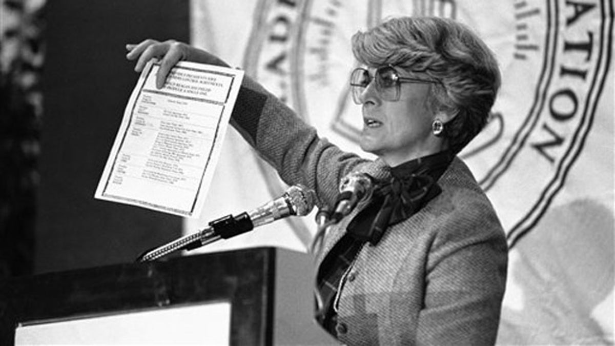 FILE - In this Tuesday, Sept. 18, 1984 file picture, Democratic vice presidential candidate Geraldine Ferraro holds up a document claiming President Ronald Reagan has failed to support a single arms control agreement which six previous U.S. presidents have. Ms. Ferraro, addressing the Young Lawyers, Division of the Philadelphia Bar Association said Reagans policies have led to an arms control gridlock that does not reduce the risk of nuclear war. The first woman to run for U.S. vice president on a major party ticket has died. Geraldine Ferraro was 75. A family friend said Ferraro, who was diagnosed with blood cancer in 1998, died Saturday, March 26, 2011 at Massachusetts General Hospital. (AP Photo/Ron Frehm)