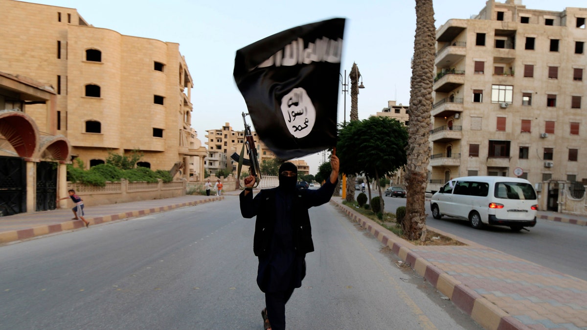 A member loyal to the Islamic State waves an ISIS flag in Raqqa June 29, 2014.