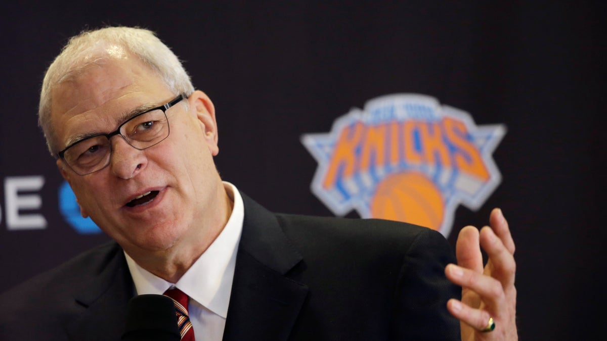 Phil Jackson, the new president of the New York Knicks, answers questions during a news conference, Tuesday, March 18, 2014 in New York. Jackson, who won two NBA titles as a player with the Knicks, also won 11 championships while coaching the Chicago Bulls and the Los Angeles Lakers. (AP Photo/Mark Lennihan)