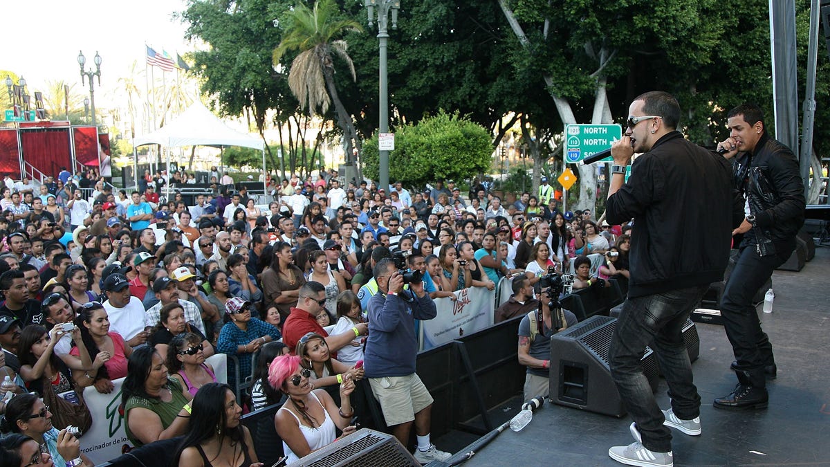 Angel & Khriz perform at the Latin GRAMMY Street Parties at Plaza Olvera on October 16, 2011 in Los Angeles, California.