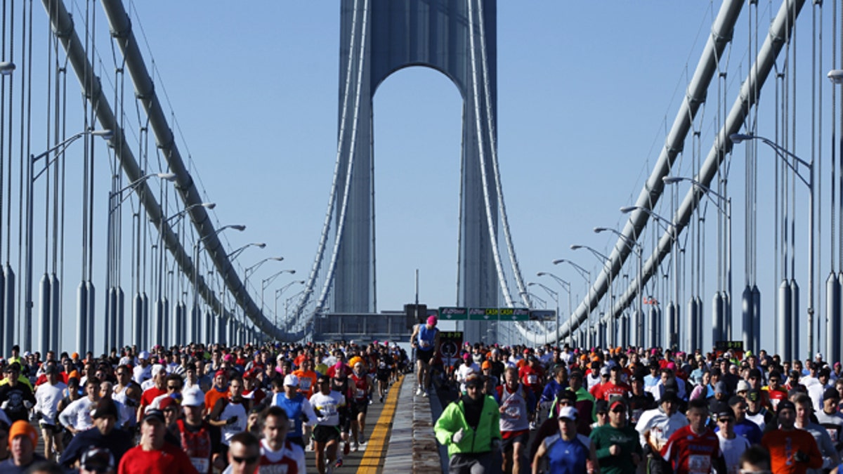 Runners cross the Verrazano-Narrows Bridge during the New York Marathon in 2010.