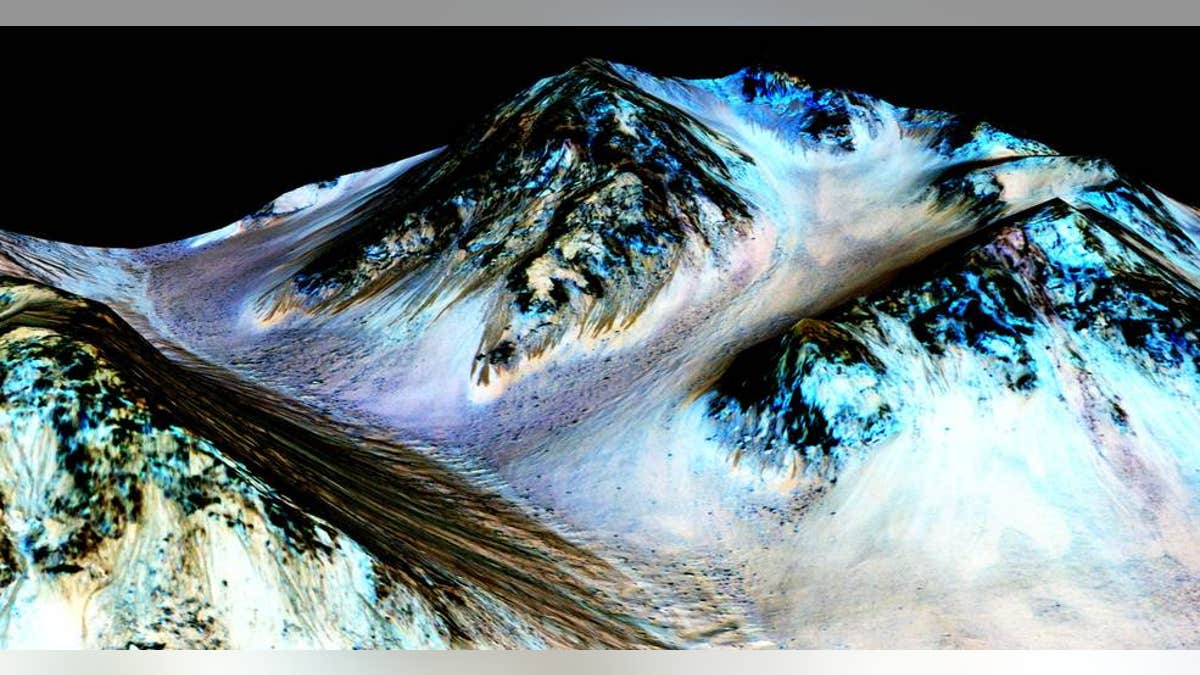These dark, narrow, 100 meter-long streaks called recurring slope lineae flowing downhill on Mars are inferred to have been formed by contemporary flowing water.