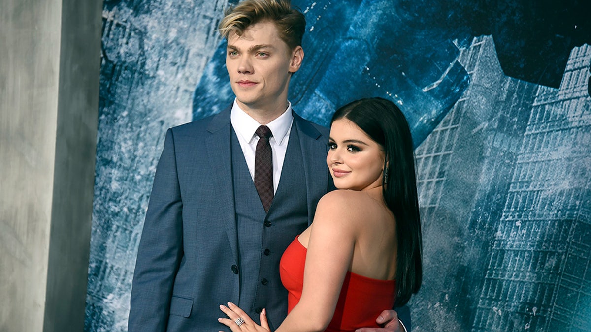 Levi Meaden, left, and Ariel Winter arrive at the global premiere of 